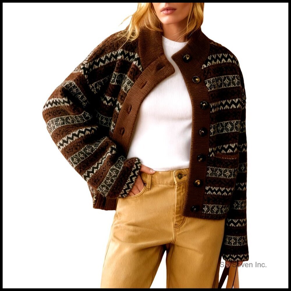 Vintage Jacquard Knit Cardigan Oversized Chic Long Sleeve Button Up Sweater